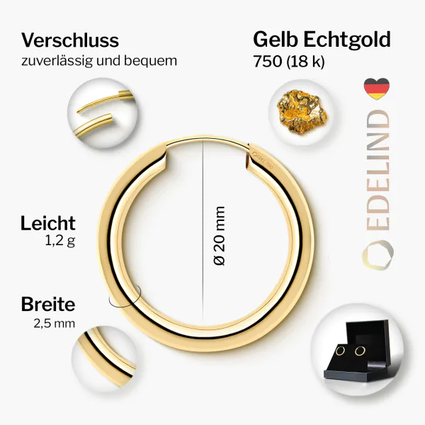 Ohrringe, Creolen, Gelbgold 750 / 18K, Außendurchmesser 20 mm, Breite 2.5 mm, Gewicht ca. 1.2 g