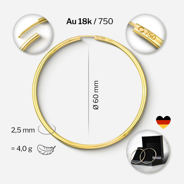 Ohrringe, Creolen, Gelbgold 750 / 18K, Außendurchmesser 60 mm, Breite 2.5 mm, Gewicht ca. 4.17 g