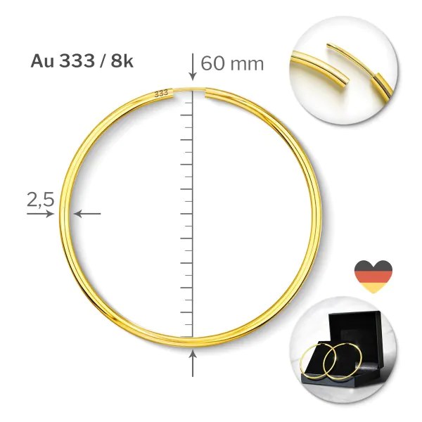 Ohrringe, Creolen, Gelbgold 333 / 8K, Außendurchmesser 60 mm, Breite 2.5 mm, Gewicht ca. 3.2 g