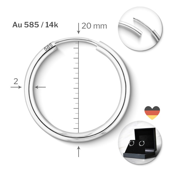 Ohrringe, Creolen, Weißgold 585 / 14K, Außendurchmesser 20 mm, Breite 2 mm, Gewicht ca. 0.7 g