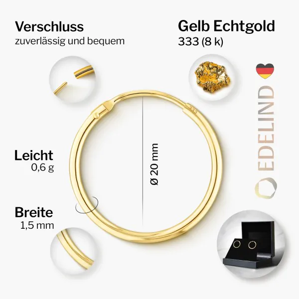 Ohrringe, Creolen, Gelbgold 333 / 8K, Außendurchmesser 20 mm, Breite 1.5 mm, Gewicht ca. 0.6 g