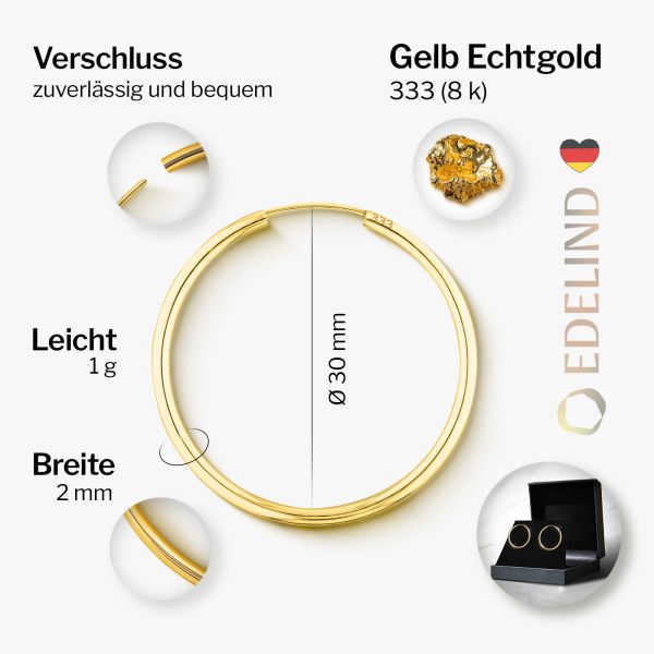Ohrringe, Creolen, Gelbgold 333 / 8K, Außendurchmesser 30 mm, Breite 2 mm, Gewicht ca. 1 g