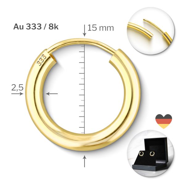 Ohrringe, Creolen, Gelbgold 333 / 8K, Außendurchmesser 15 mm, Breite 2.5 mm, Gewicht ca. 0.7 g