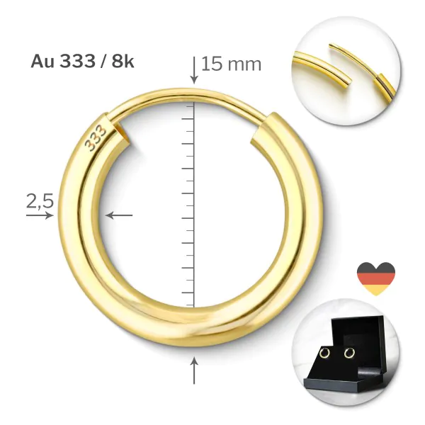 Ohrringe, Creolen, Gelbgold 333 / 8K, Außendurchmesser 15 mm, Breite 2.5 mm, Gewicht ca. 0.7 g