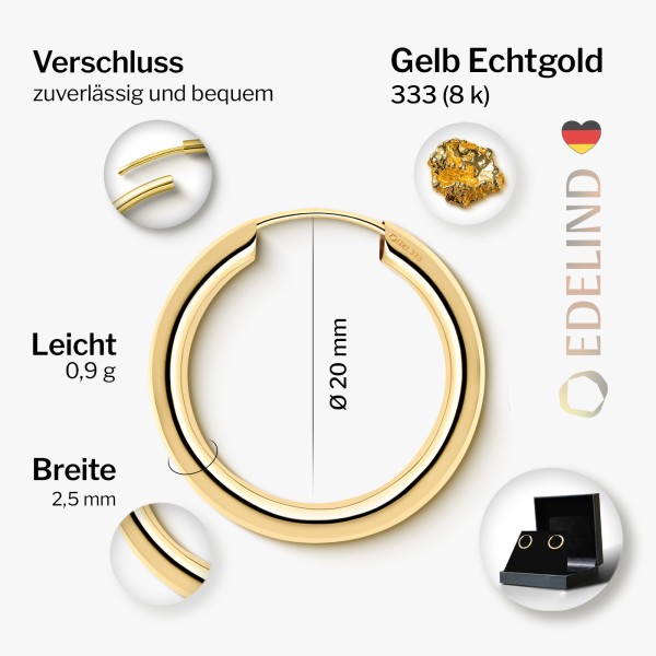 Ohrringe, Creolen, Gelbgold 333 / 8K, Außendurchmesser 20 mm, Breite 2.5 mm, Gewicht ca. 0.9 g
