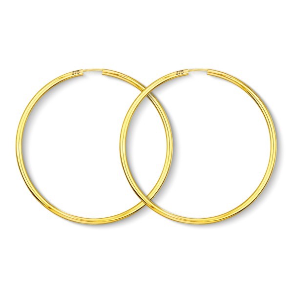 Ohrringe, Creolen, Gelbgold 375 / 9K, Außendurchmesser 60 mm, Breite 2.5 mm, Gewicht ca. 3.2 g