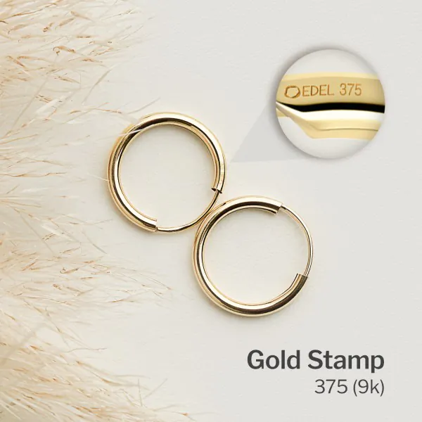 Ohrringe, Creolen, Gelbgold 375 / 9K, Außendurchmesser 15 mm, Breite 1.3 mm, Gewicht ca. 0.3 g.