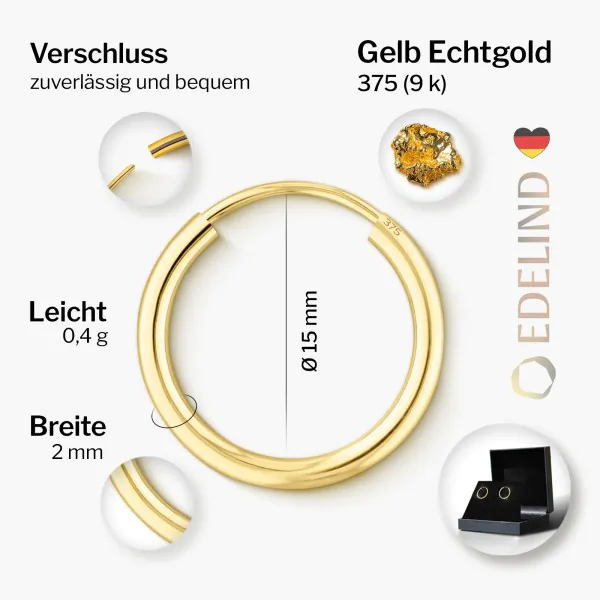 Ohrringe, Creolen, Gelbgold 375 / 9K, Außendurchmesser 15 mm, Breite 2 mm, Gewicht ca. 0.4 g.