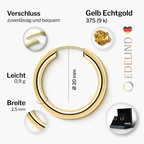 Ohrringe, Creolen, Gelbgold 375 / 9K, Außendurchmesser 20 mm, Breite 2.5 mm, Gewicht ca. 0.9 g