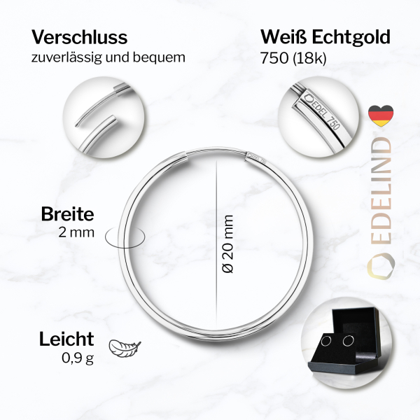 Ohrringe, Creolen, Weißgold 750 / 18K, Außendurchmesser 20 mm, Breite 2 mm, Gewicht ca. 0.9 g
