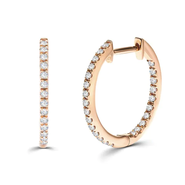 0,20 Karat Diamant Creolen, Rotgold 750 / 18 Karat, Außendurchmesser 15 mm, Breite 1.2 mm, Gewicht ca. 1.6 g.