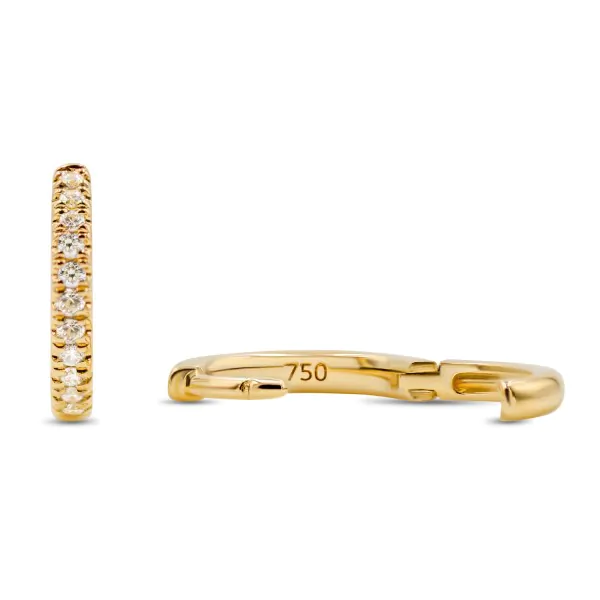 0,13 Karat Diamant Creolen, Gelbgold 750 / 18 Karat, Außendurchmesser 11 mm, Breite 1.7 mm, Gewicht ca. 1.6 g.