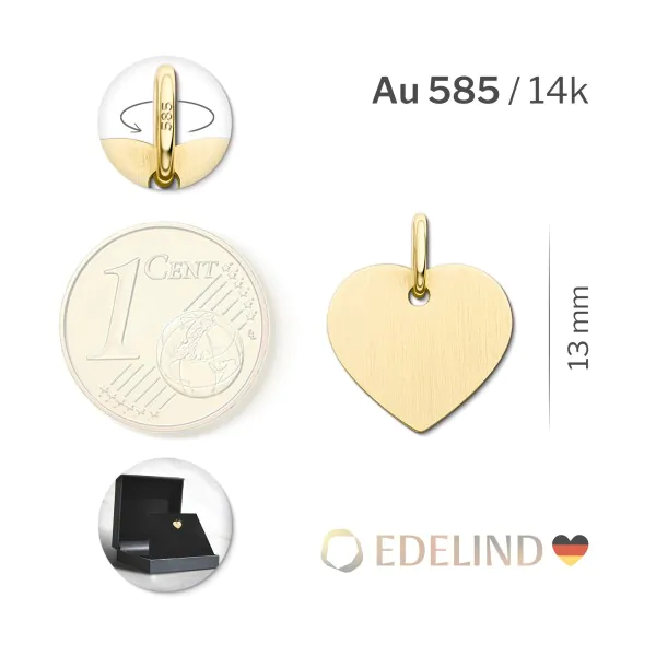 Anhänger Gravurplatte herzform seidenmatt , Gelbgold 585 / 14K, Höhe 13 mm, Gewicht ca. 1,14 g