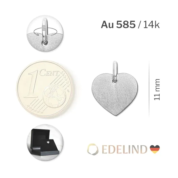 Anhänger Gravurplatte herzform seidenmatt 11 mm, Weißgold 585 / 14K, Höhe 11 mm, Gewicht ca. 0,88 g