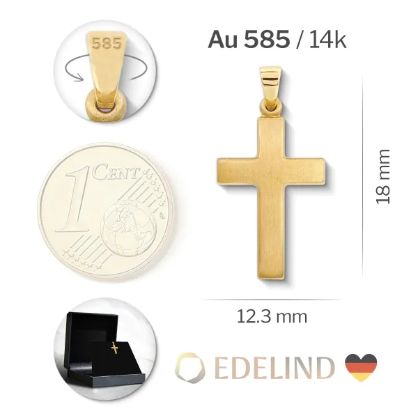 Anhänger Kreuz seidenmatt, Gelbgold 585 / 14K, Höhe 18 mm, Gewicht ca. 0.68 g