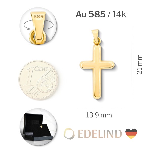 Anhänger Kreuz poliert, Gelbgold 585 / 14K, Höhe 21.0 mm, Breite 13.9 mm, Gewicht ca. 1.07 g