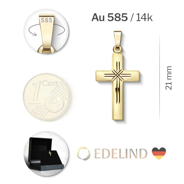Anhänger Kreuz seidenmatt/diamantiert , Gelbgold 585 / 14K, Höhe 21 mm, Gewicht ca. 0,85 g