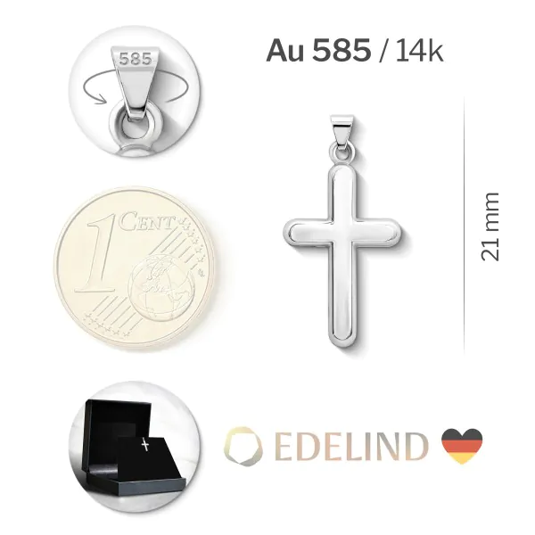 Anhänger Kreuz poliert, Weißgold 585 / 14K, Höhe 21.0 mm, Breite 13.9 mm, Gewicht ca. 0.99 g