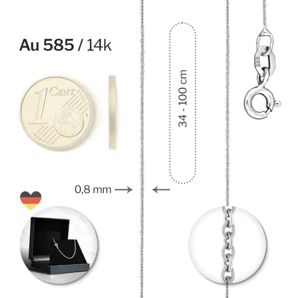 Goldkette als Ankerkette rund in Weißgold 585 / 14K, 80 cm lang, 0,8 mm Breit, Gewicht ca. 1.8 g