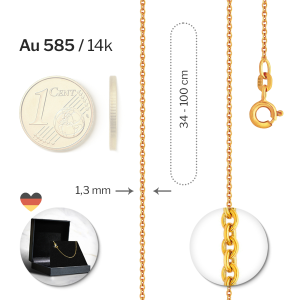 Goldkette als Ankerkette rund in Gelbgold 585 / 14K, 45 cm lang, 1,3 mm breit, Gewicht ca. 2.5 g.