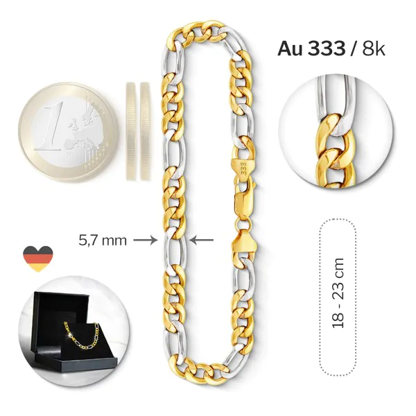 Armband als Figarokette hohl Bicolor in Gelbgold / Weißgold 333 / 8K, 21 cm lang, 5,7 mm breit, Gewicht ca. 4.1 g.