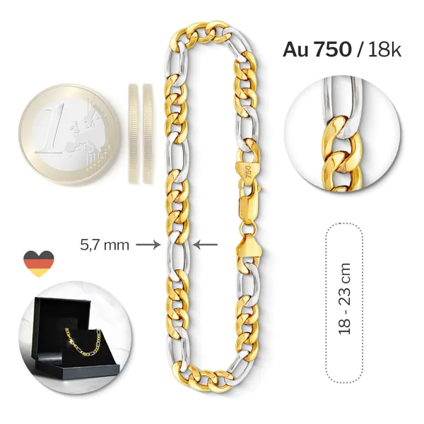 Armband als Figarokette hohl Bicolor in Gelbgold / Weißgold 750 / 18K, 21 cm lang, 5,7 mm breit, Gewicht ca. 6.7 g.
