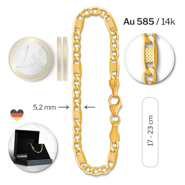 Armband als Fantasiekette in Gelbgold 585 / 14 K, 22 cm lang, 5,2mm breit, Gewicht ca. 5.3 g.
