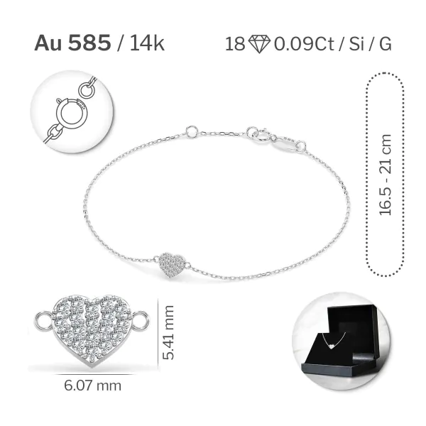 Goldarmband als Ankerkette mit 0,09 Karat Diamanten, Weißgold 585 / 14 Karat, 18,5 cm lang, Gewicht ca. 0,9 g.