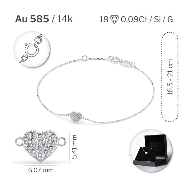 Goldarmband als Ankerkette mit 0,09 Karat Diamanten, Weißgold 585 / 14 Karat, 19,5 cm lang, Gewicht ca. 0,9 g.