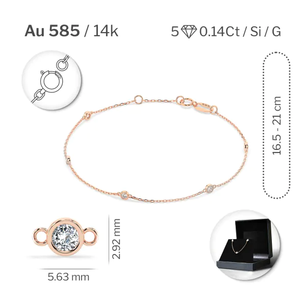 Goldarmband als Ankerkette mit 0,14 Karat Diamanten, Rotgold 585 / 14 Karat, 17,5 cm lang, Gewicht ca. 0,9 g.