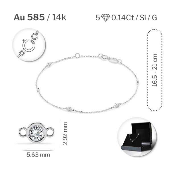 Goldarmband als Ankerkette mit 0,14 Karat Diamanten, Weißgold 585 / 14 Karat, 18 cm lang, Gewicht ca. 0,9 g.