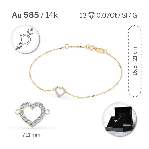 Herz Goldarmband als Ankerkette mit 0,07 Karat Diamanten, Gelbgold 585 / 14 Karat, 17 cm lang, Gewicht ca. 0,8 g.