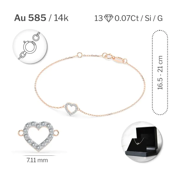 Herz Goldarmband als Ankerkette mit 0,07 Karat Diamanten, Rotgold 585 / 14 Karat, 18,5 cm lang, Gewicht ca. 0,8 g.