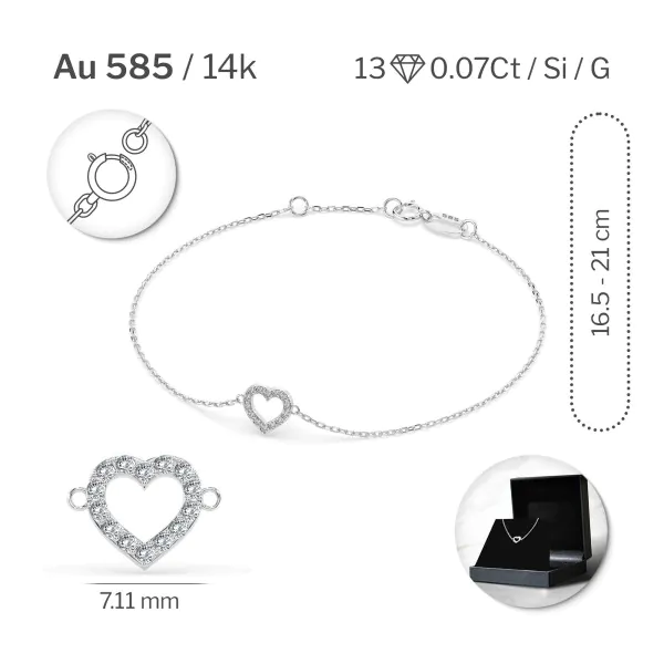 Herz Goldarmband als Ankerkette mit 0,07 Karat Diamanten, Weißgold 585 / 14 Karat, 16,5 cm lang, Gewicht ca. 0,8 g.