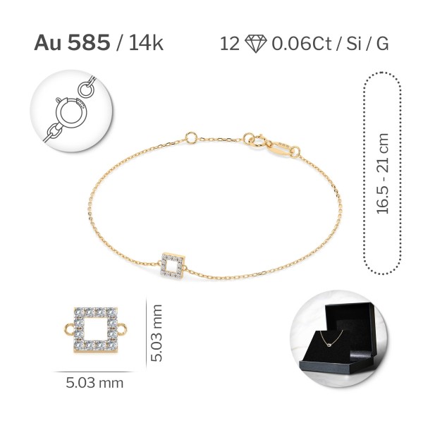 Goldarmband als Ankerkette mit 0,06 Karat Diamanten, Gelbgold 585 / 14 Karat, 16,5 cm lang, Gewicht ca. 0,8 g.