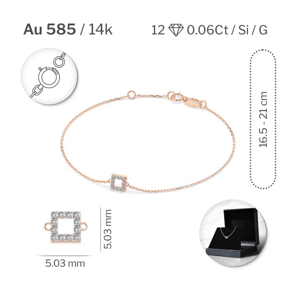 Goldarmband als Ankerkette mit 0,06 Karat Diamanten, Rotgold 585 / 14 Karat, 18,5 cm lang, Gewicht ca. 0,8 g.