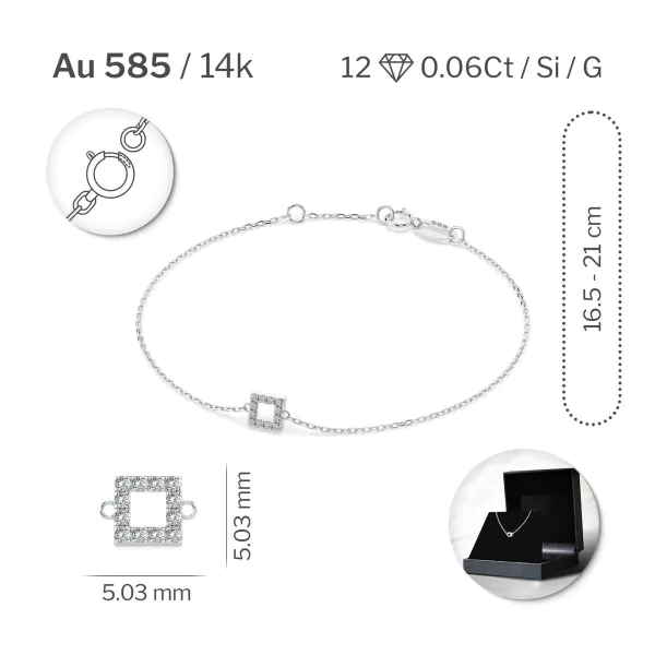 Goldarmband als Ankerkette mit 0,06 Karat Diamanten, Weißgold 585 / 14 Karat, 18,5 cm lang, Gewicht ca. 0,8 g.