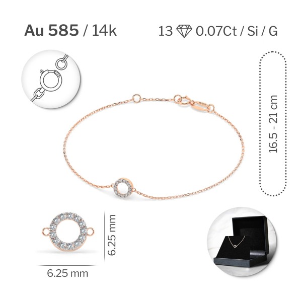 Goldarmband als Ankerkette mit 0,07 Karat Diamanten, Rotgold 585 / 14 Karat, 18 cm lang, Gewicht ca. 0,8 g.
