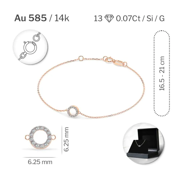 Goldarmband als Ankerkette mit 0,07 Karat Diamanten, Rotgold 585 / 14 Karat, 21 cm lang, Gewicht ca. 0,8 g.