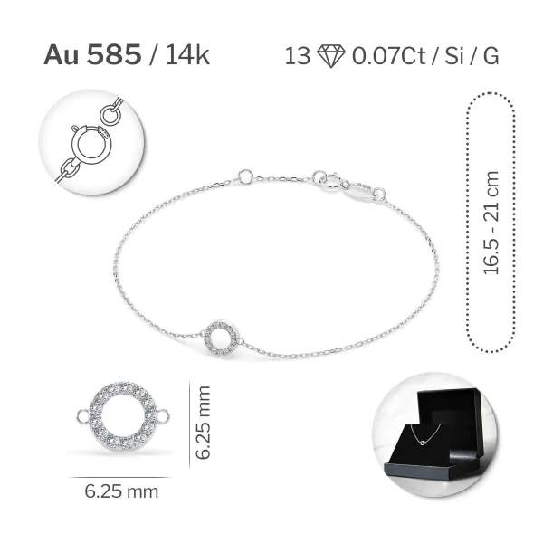 Goldarmband als Ankerkette mit 0,07 Karat Diamanten, Weißgold 585 / 14 Karat, 17,5 cm lang, Gewicht ca. 0,8 g.