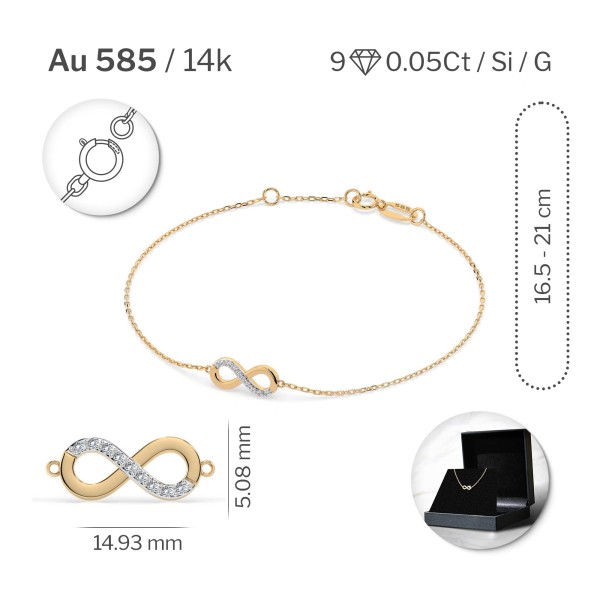 Goldarmband als Ankerkette mit 0,05 Karat Diamanten, Gelbgold 585 / 14 Karat, 17 cm lang, Gewicht ca. 1,0 g.