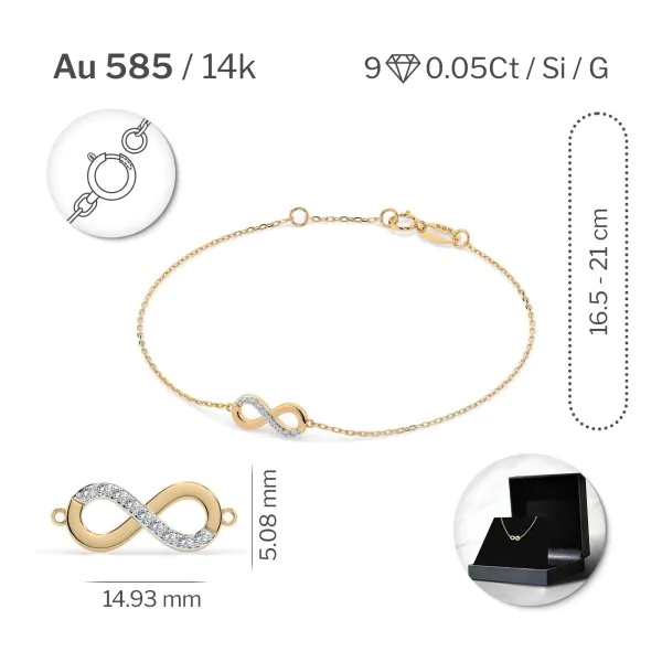 Goldarmband als Ankerkette mit 0,05 Karat Diamanten, Gelbgold 585 / 14 Karat, 19,5 cm lang, Gewicht ca. 1,0 g.