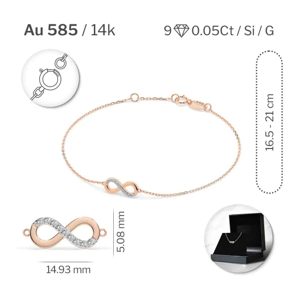 Goldarmband als Ankerkette mit 0,05 Karat Diamanten, Rotgold 585 / 14 Karat, 18,5 cm lang, Gewicht ca. 1,0 g.