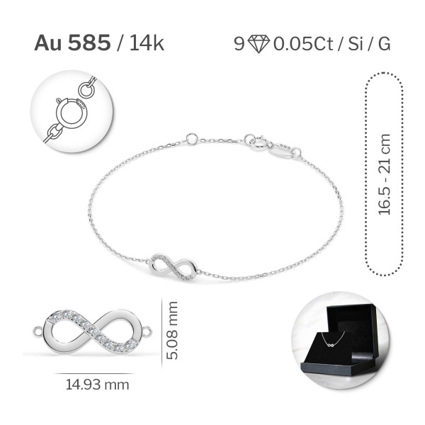 Goldarmband als Ankerkette mit 0,05 Karat Diamanten, Weißgold 585 / 14 Karat, 19,5 cm lang, Gewicht ca. 1,0 g.