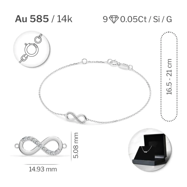 Goldarmband als Ankerkette mit 0,05 Karat Diamanten, Weißgold 585 / 14 Karat, 21 cm lang, Gewicht ca. 1,0 g.