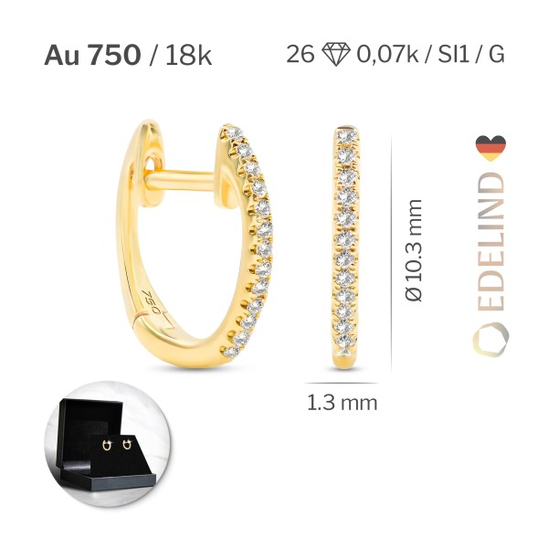 0,07 Karat Diamant Creolen, Gelbgold 750 / 18K, Außendurchmesser 10.3 mm, Breite 1.3 mm, Gewicht ca. 1.0 g