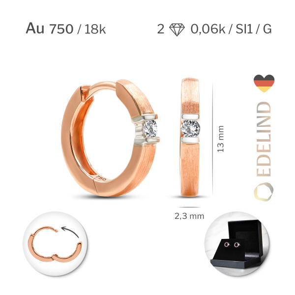 0.06 Karat Diamant Creolen, Rotgold 750 / 18K, Außendurchmesser 13 mm, Breite 2.2 mm, Gewicht ca. 2.37 g