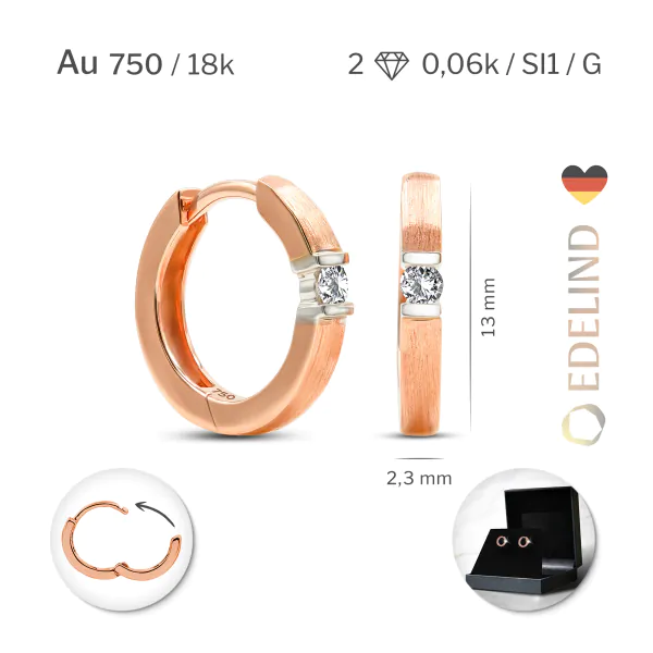 0,06 Karat Diamant Creolen, Rotgold 750 / 18K, Außendurchmesser 13 mm, Breite 2.2 mm, Gewicht ca. 2.37 g