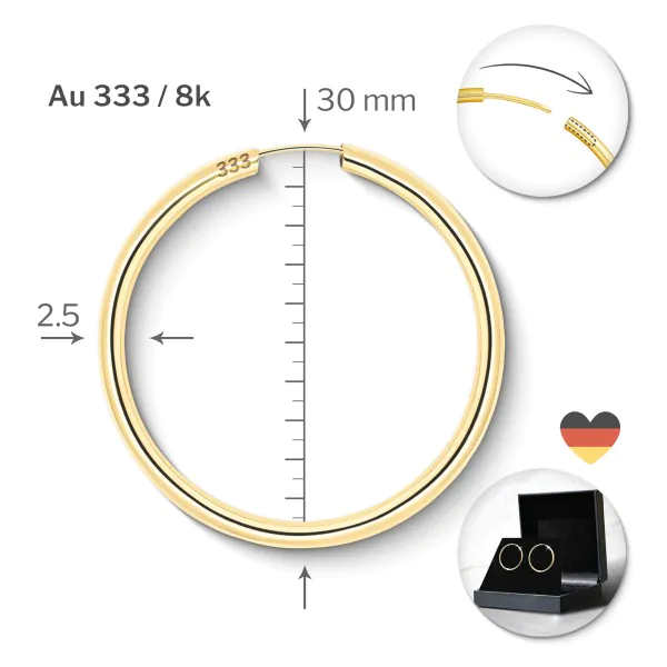 Ohrringe, Creolen, Gelbgold 333 / 8K, Außendurchmesser 30 mm, Breite 2.5 mm, Gewicht ca. 1.4 g