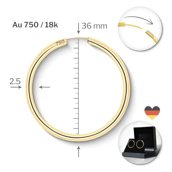 Ohrringe, Creolen, Gelbgold 750 / 18K, Außendurchmesser 40 mm, Breite 2.5 mm, Gewicht ca. 2.9 g